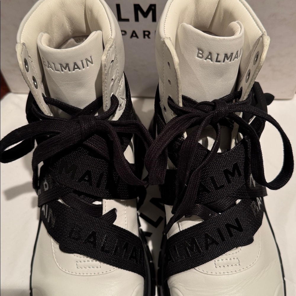 BALMAIN PARIS B TROOP HI-TOP SNEAKERS IN WHITE LEATHER W/BLACK LACES STRAPS EU40 - Picture 8 of 15